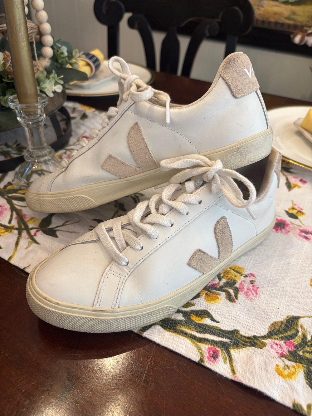 Veja Women’s Leather Sneakers in White with Beige Suede Accents